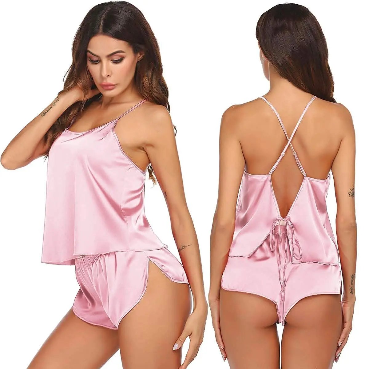 Silk Pajamas Set for Women Satin Backless Lingerie Pjs Cami Top and Shorts Nightwear - Love Salve